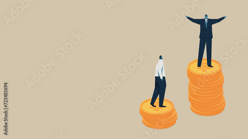 Photos Two men are standing on top of their respective piles of coins.