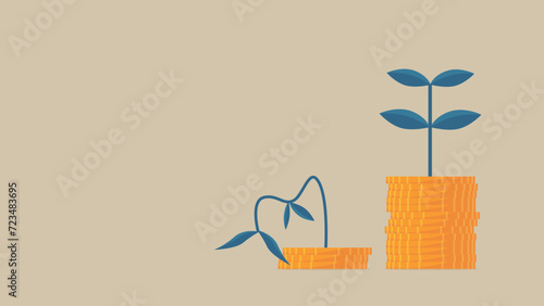 It is sprouting from a pile of coins. There is  withered bud.