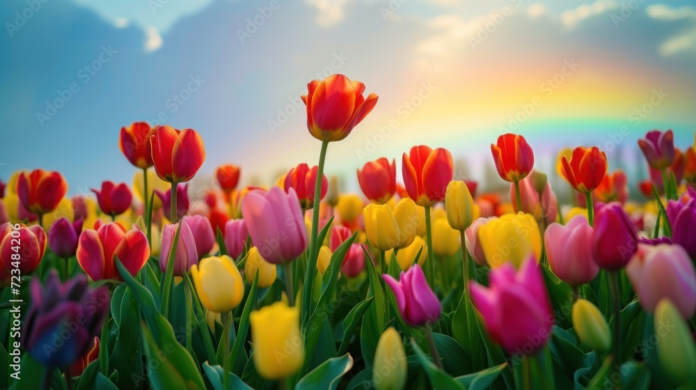 A field of vibrant tulips swaying in the breeze, a rainbow in the background