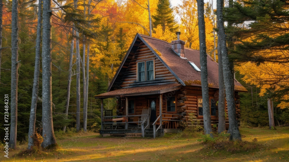 A rustic wooden cabin surrounded by tall trees in early autumn colors