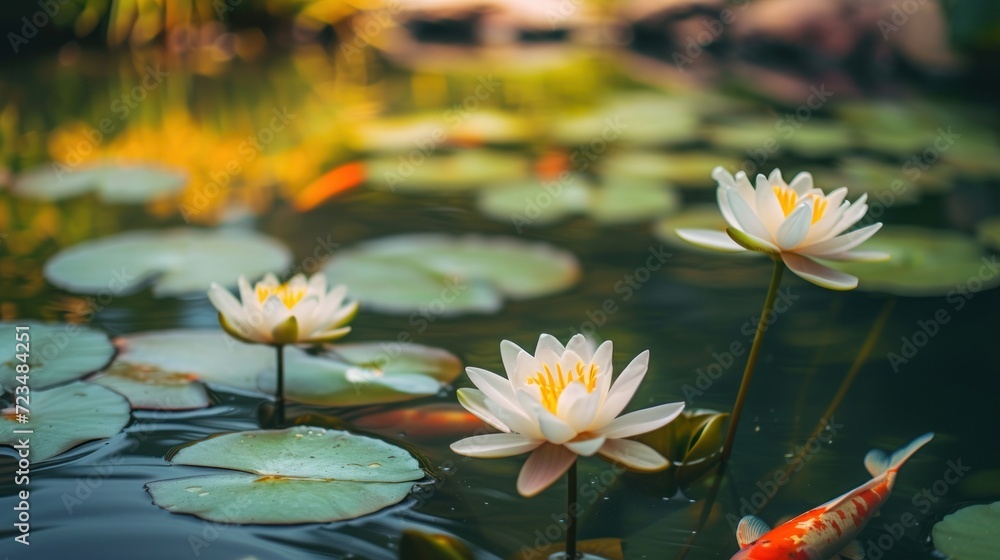 A serene pond with water lilies, koi fish visible below the surface