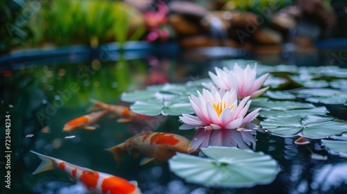 A serene pond with water lilies  koi fish visible below the surface