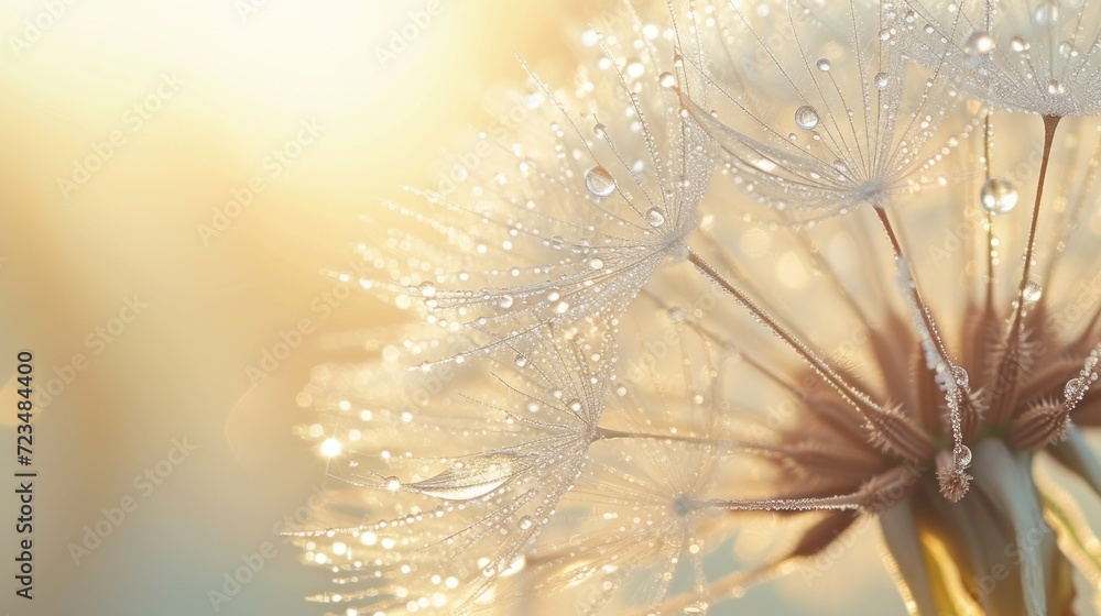 Obraz premium Close-up of a delicate dandelion with dewdrops, soft morning light