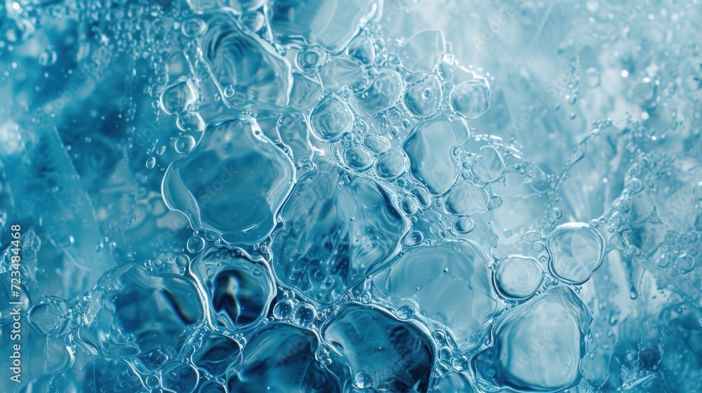Crystal clear ice texture with frozen bubbles and cracks, blue hues Crystal clear ice texture with frozen bubbles and cracks, blue hues