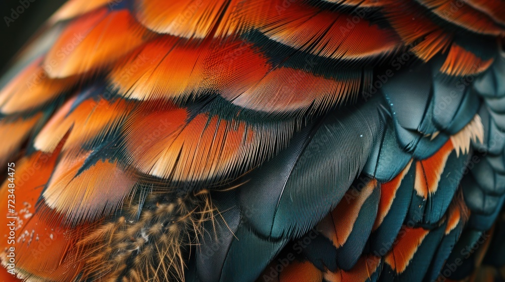 Fototapeta premium Feathery texture of a bird's plumage, close-up showing intricate color patterns
