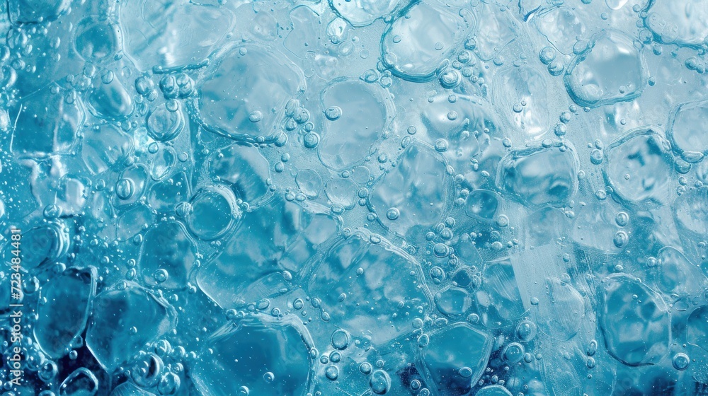 Crystal clear ice texture with frozen bubbles and cracks, blue hues