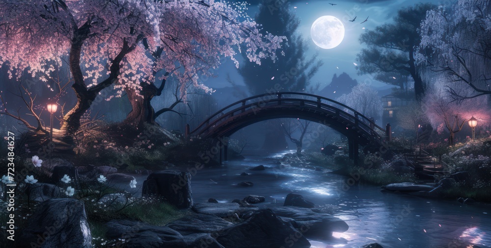 Moonlit night in a blooming cherry blossom garden, a small bridge over a stream