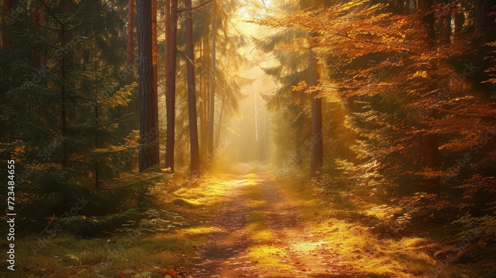 Fototapeta premium Path through a dense forest with sunlight casting warm tones on the foliage