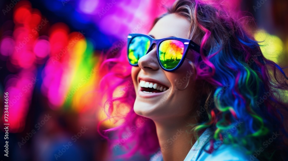A smiling young woman with vibrant rainbow-colored hair wearing reflective sunglasses against a blurred neon background.