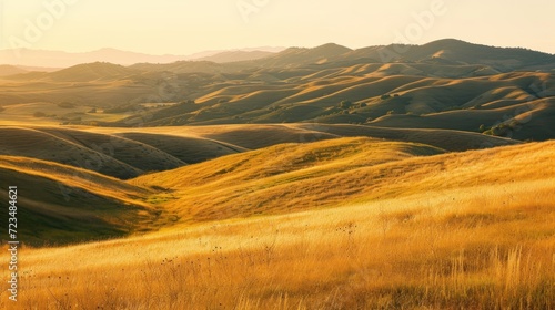 Panoramic landscape of rolling hills in earth tones at golden hour