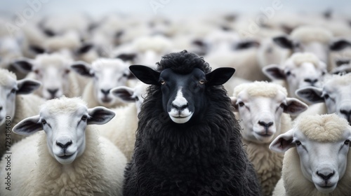 A stark black sheep looks directly at the camera, standing out among a flock of white sheep in a field. © red_orange_stock