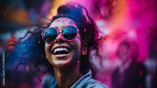 Exuberant young woman with sunglasses celebrating  covered in vibrant paint splashes at a lively festival.