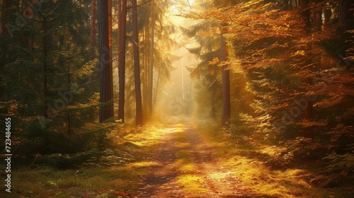 Path through a dense forest with sunlight casting warm tones on the foliage