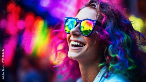A smiling young woman with vibrant rainbow-colored hair wearing reflective sunglasses against a blurred neon background.