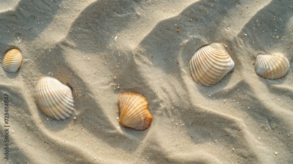 Textured sand patterns on a beach with seashells and tide marks Textured sand patterns on a beach with seashells and tide marks