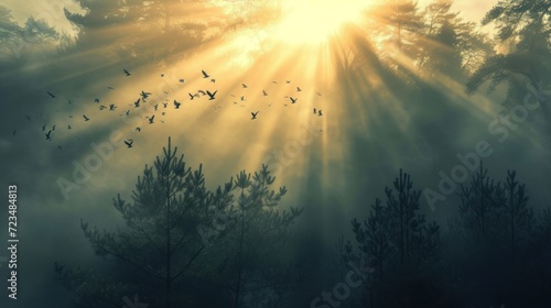 Sunrays piercing through a misty forest at dawn, birds flying in the distance
