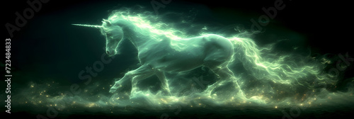 dazzling green neon unicorn isotated on black background Created with generative AI.