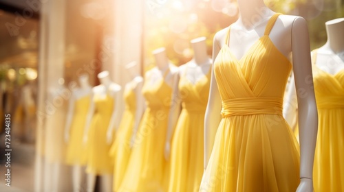 A lineup of mannequins in matching yellow dresses creates a striking display of uniformity and fashion in a bright store window.