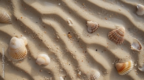 Textured sand patterns on a beach with seashells and tide marks