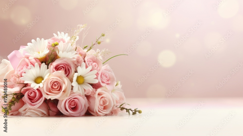 A luxurious bouquet of pink roses and white daisies with soft background lighting.