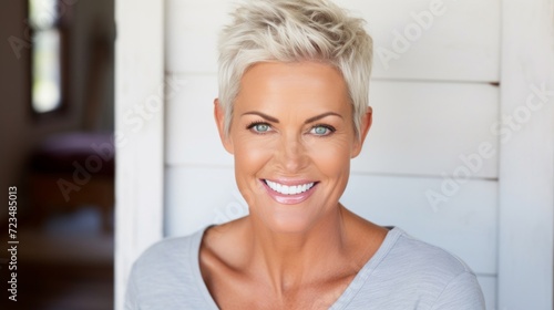 Portrait of a vibrant senior woman with a fashionable short hairstyle and a warm smile.