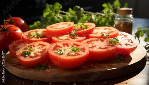 Fresh tomato slice on wooden cutting board, healthy vegetarian snack generated by AI