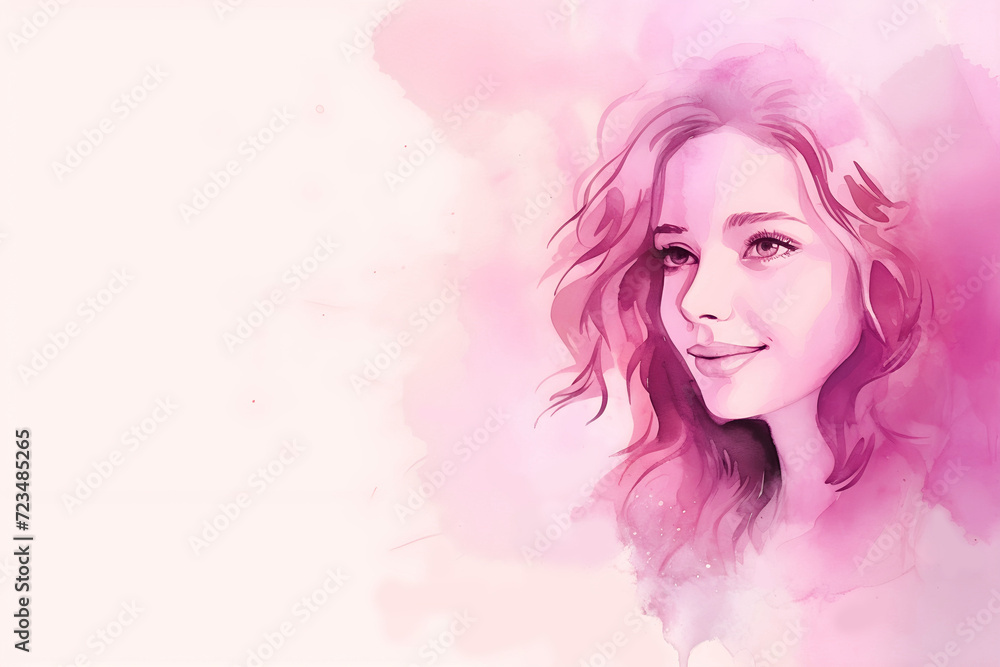 Watercolor background of a young elegant white woman girl and copy space for greeting banner design