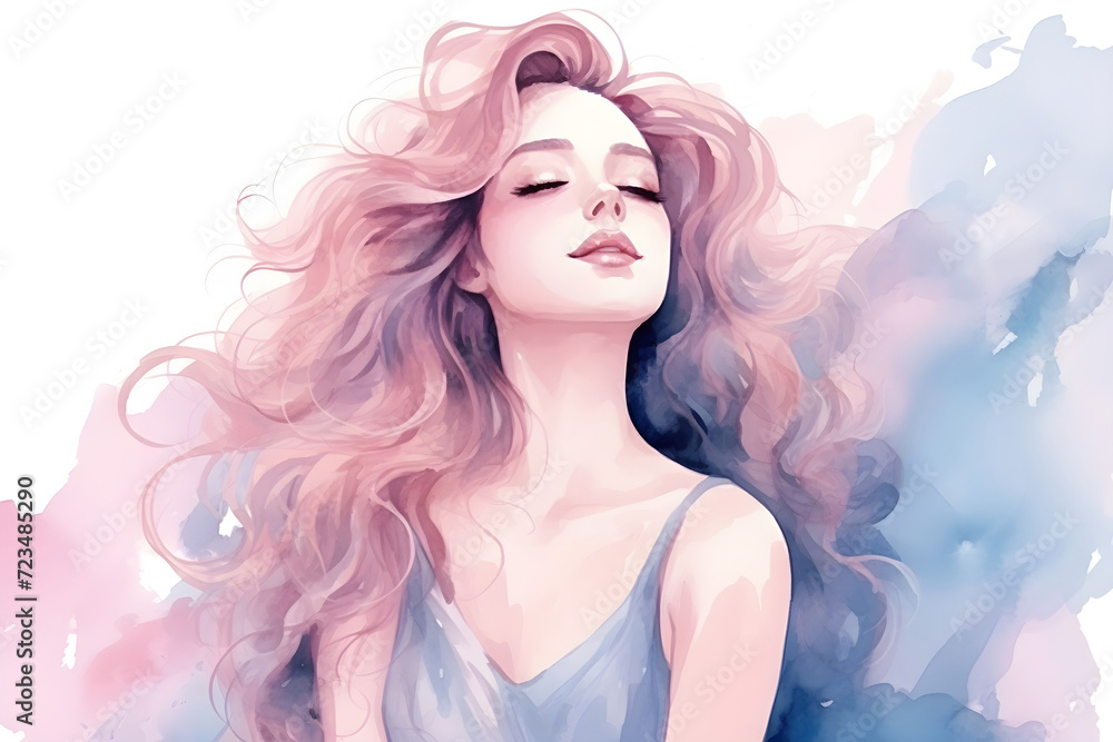 Fototapeta premium Watercolor sexy closed eye young woman girl portrait in pastel soft tone painting background wallpaper