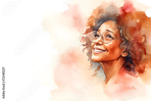Watercolor painted portrait of a happy old black woman wearing glasses isolated on white background
