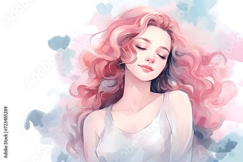 Watercolor confident girl portrait with closed eyes and long curly pink hair painting art background