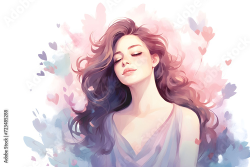 Watercolor young beautiful sexy woman girl with closed eyes and hearts painting background design