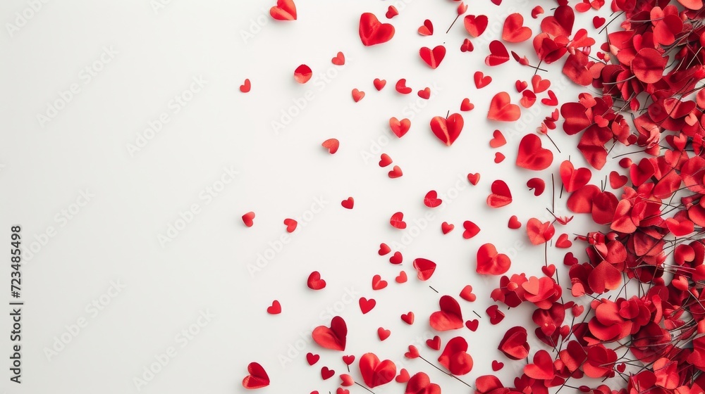 Romantic Valentine's Day Concept with Red and Pink Roses and Heart-Shaped Petals on a Textured White Background. With Copy Space for Text or Logo Romantic Valentine's Day Concept with Red and Pink Roses and Heart-Shaped Petals on a Textured White Background. With Copy Space for Text or Logo