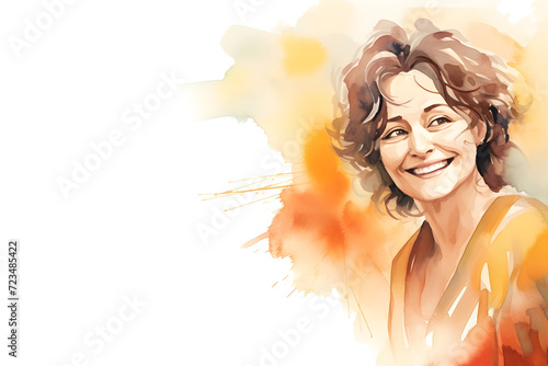 Watercolor happy middle-aged woman with short hair portrait background with blank space for text