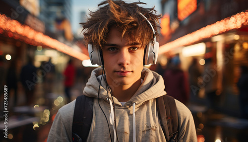 Young adult man in casual clothing, smiling, listening to headphones generated by AI © Jeronimo Ramos