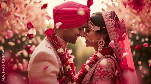a cute beautiful asian indian couple cuddling hugging and kissing each other on a romantic day at valentines day 14th february during wedding. wallpaper background photo