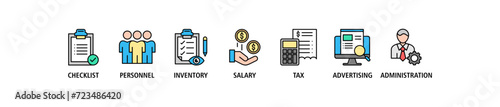 Cost reduction banner web icon set vector illustration concept with icon of checklist, personnel, inventory, salary, tax, advertising and administration and easy to edit