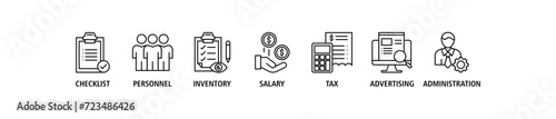 Cost reduction banner web icon set vector illustration concept with icon of checklist, personnel, inventory, salary, tax, advertising and administration and easy to edit