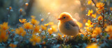 Small Yellow Bird Sitting in a Field of Yellow Flowers