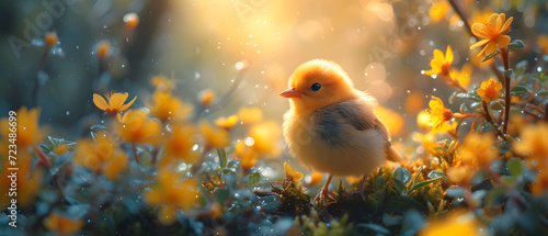 Small Yellow Bird Sitting in a Field of Yellow Flowers photo