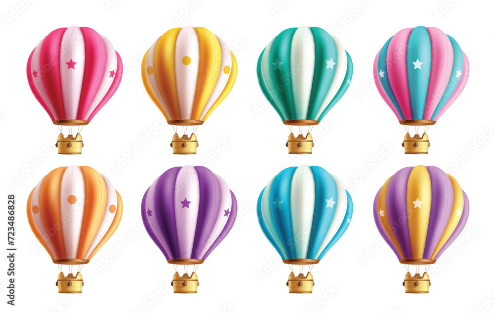 Summer air balloon vector set design. Summer hot air balloons colorful collection for travel, tour and inflatable transportation isolated objects. Vector illustration hot air balloon collection.
