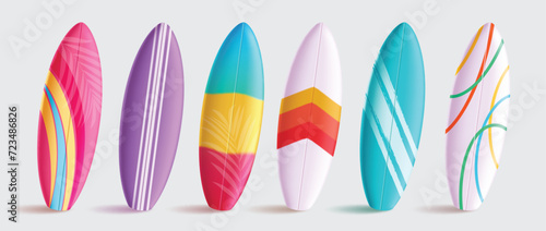 Summer surfboard vector set design. Summer surfboard in colorful pattern for water, sea and ocean surfing activity collection isolated elements. Vector illustration surfboard realistic collection. 
