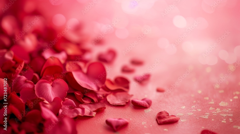 Love's Gentle Touch: A Delicate Pink Heart Among Soft Pink Petals on a Radiant Pink Backdrop  With Copy Space for Text or Logo