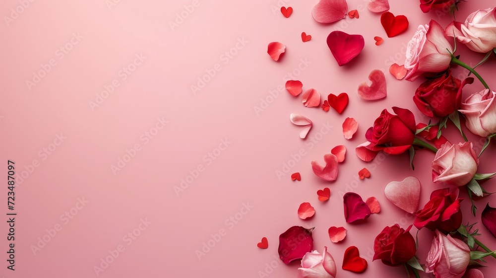 Whispers of Love: Delicate Pink Blossoms and Heart-Shaped Petals on a Soft Pink Background With Copy Space for Text or Logo