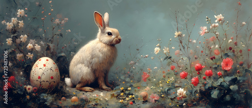 Rabbit Sitting Next to Two Eggs in a Painting