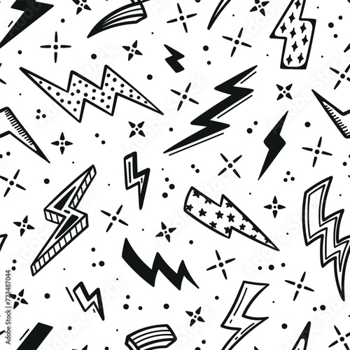 Lightning Bolts Seamless Black White Pattern. Hand Drawn Doodle Lightning Bolt Signs, Thunderbolts, Energy Thunder bolt or Warning Symbols. Vector illustration