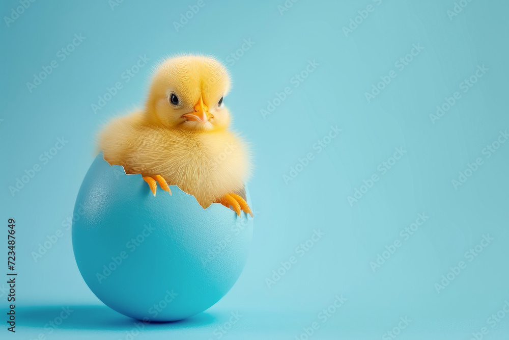 Cute yellow chick hatching from cracked egg on blue backdrop. Easter and new life concept Cute yellow chick hatching from cracked egg on blue backdrop. Easter and new life concept