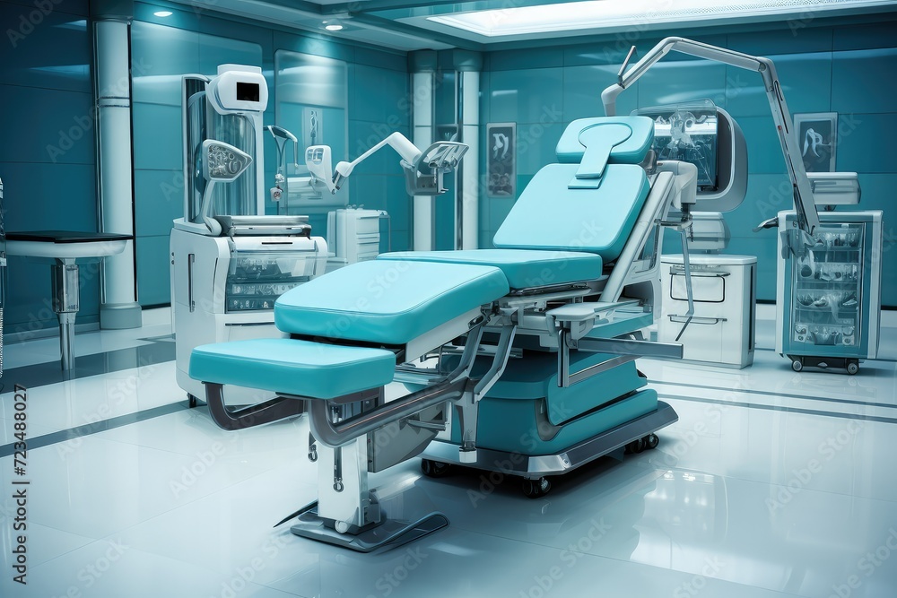 Interior of a modern hospital with green medical bed. 3d rendering. Hi tech equipment and medical devices in a modern operating room. Interior of an operating room. Interior of a modern hospital with green medical bed. 3d rendering. Hi tech equipment and medical devices in a modern operating room. Interior of an operating room.