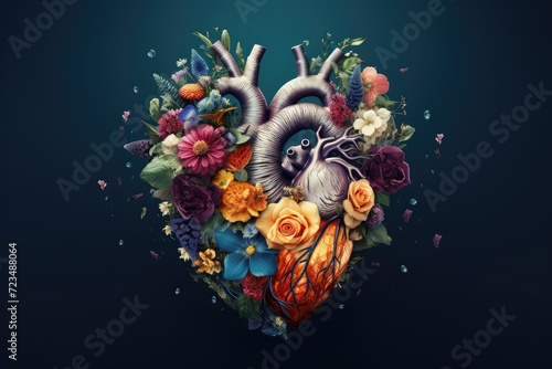 Heart made of beautiful flowers on dark blue background. creative abstract concept of a realistic love heart made of colorful fresh spring flowers against dark minimal background.