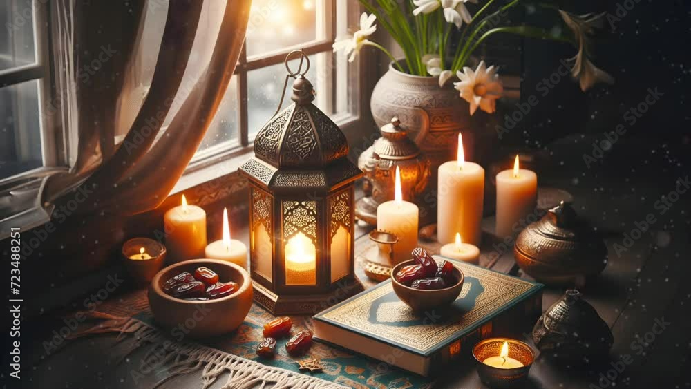 Ramadan decorations, arabic lanterns and candles. Seamless looping 4K video animation background Ramadan decorations, arabic lanterns and candles. Seamless looping 4K video animation background