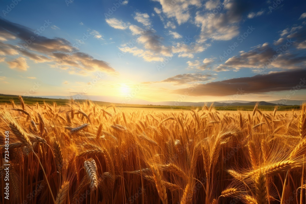 Sunset over wheat field in summer. Rural scene. Beauty in nature. Golden wheat field under beautiful sunset sky.